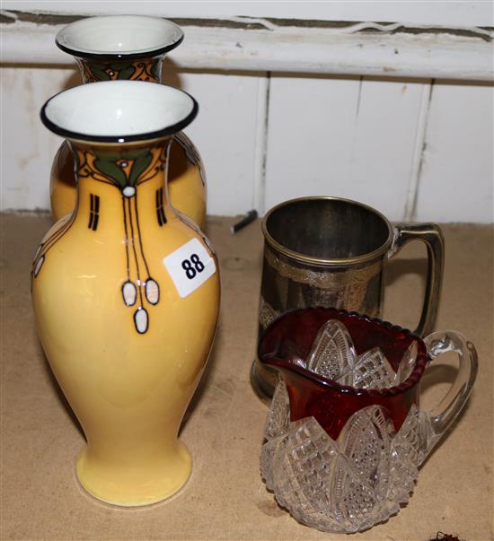 Art Nouveau vases, plated tankard & jug